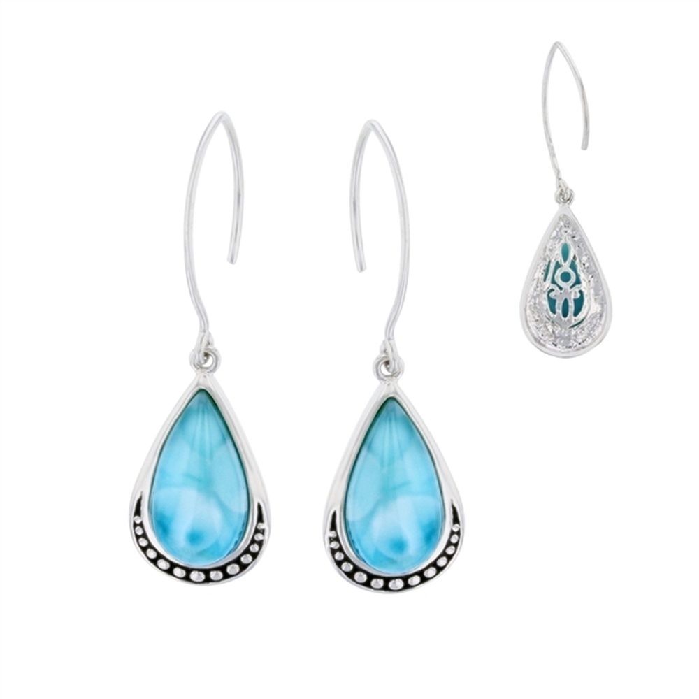 925 Sterling  Silver Larimar Teardrop w Dotted Frame Earrings Hook Wire 4.9 gm